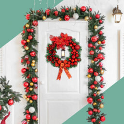 Globrite Christmas Wreath - 40 Cm, Red - With Bows Baubles & Lantern - Front Door Outdoor Christmas Decoration For Home Décor - thumbnail 3