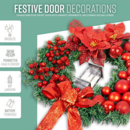 Globrite Christmas Wreath - 40 Cm, Red - With Bows Baubles & Lantern - Front Door Outdoor Christmas Decoration For Home Décor - thumbnail 2