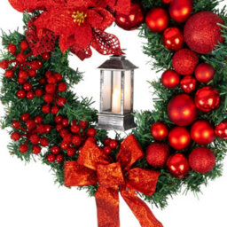 Globrite Christmas Wreath - 40 Cm, Red - With Bows Baubles & Lantern - Front Door Outdoor Christmas Decoration For Home Décor - thumbnail 9