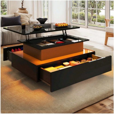 Black High Gloss Led Lift Top Rectangle Wooden Coffee Table - image 1