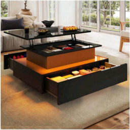 Black High Gloss Led Lift Top Rectangle Wooden Coffee Table - thumbnail 1