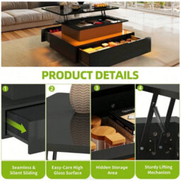 Black High Gloss Led Lift Top Rectangle Wooden Coffee Table - thumbnail 5
