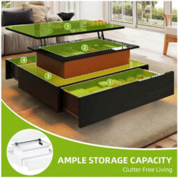 Black High Gloss Led Lift Top Rectangle Wooden Coffee Table - thumbnail 4