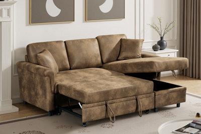 Faux Leather Suede Brown 2C1 Corner Sofabed With Chaise Oscar - image 1