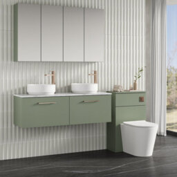 Nuie Arno Wall Hung 2-Drawer Vanity Unit With Laminate Worktop In Carrera Marble, Premium Counter Top Vanity Unit In Satin Green - thumbnail 3