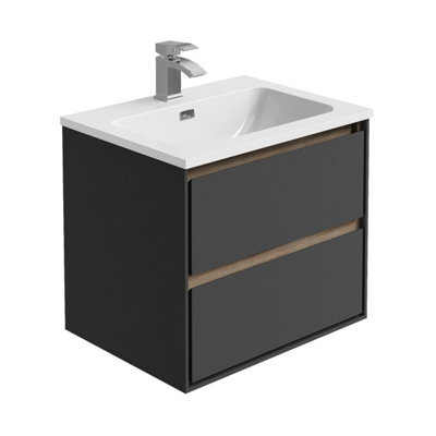 Plum&clay Norton Black & Oak Wall Hung Vanity Unit & Basin Set (W)600mm (H)530mm - image 1