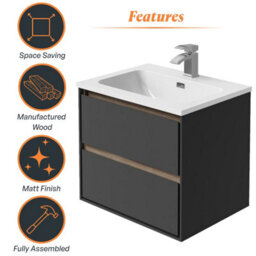 Plum&clay Norton Black & Oak Wall Hung Vanity Unit & Basin Set Bathroom Furniture (W)600mm (H)530mm - thumbnail 5