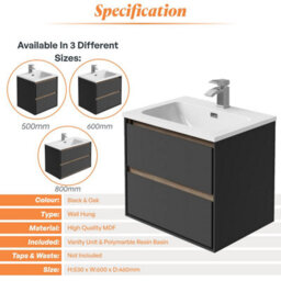 Plum&clay Norton Black & Oak Wall Hung Vanity Unit & Basin Set Bathroom Furniture (W)600mm (H)530mm - thumbnail 4