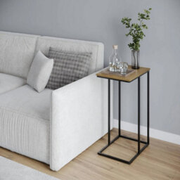 Modern End C Shaped Industrial Sofa Side Table  Steel Frame Wood Top Décor - Wild Oak - thumbnail 3