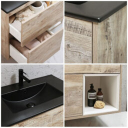Homestylestore Light Oak 812mm Wall Hung Bathroom Vanity Unit Open Shelf And Graphite Basin - thumbnail 2