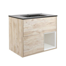 Homestylestore Light Oak 812mm Wall Hung Bathroom Vanity Unit Open Shelf And Graphite Basin