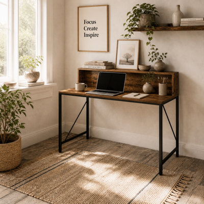 Wyld Haus Rena 100Cm Rustic Brown Gaming Desk With Led Lights, Power Strip And Monitor Stand