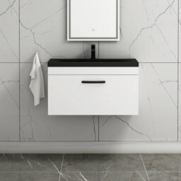 Royal Bathrooms Turin 800mm Wall Hung Vanity Unit 1 Drawer Gloss White With Black Basin & Handles - thumbnail 4