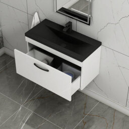Royal Bathrooms Turin 800mm Wall Hung Vanity Unit 1 Drawer Gloss White With Black Basin & Handles - thumbnail 6