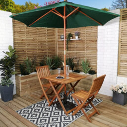 Samuel Alexander Outdoor 2 Person Folding Square Wooden Garden Dining Table Chairs Green Parasol And Base Set