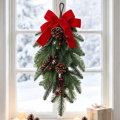 CLEFFNS Artificial Christmas Teardrop Swag, Faux Pine Needles Greenery Teardrop Wreath For Xmas Door Table Mantle Fireplace Holiday Decor - image 1