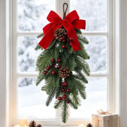 CLEFFNS Artificial Christmas Teardrop Swag, Faux Pine Needles Greenery Teardrop Wreath For Xmas Door Table Mantle Fireplace Holiday Decor - thumbnail 1
