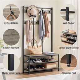 Yaheetech Grey Industrial Hall Tree With With Bench & Shoe Storage - thumbnail 5