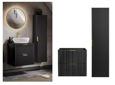 Impact Furniture Bathroom Vanity Unit 600mm Drawer And Tall Cabinet Tallboy Furniture Set Black Modern Wall Hung Ribbed Fluted Adel - image 1