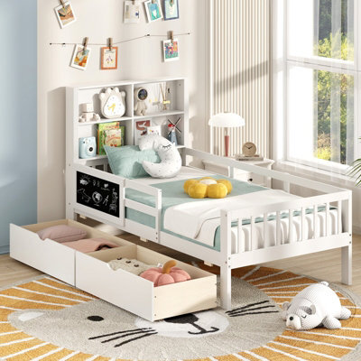 Costway Single Size Bed Frame W/ 2 Storage Drawers Wooden Slats Support Bed For Kids White - image 1