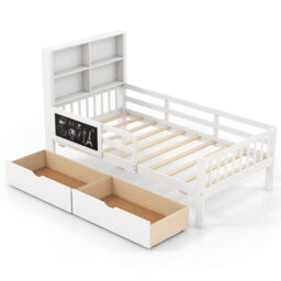 Costway Single Size Bed Frame W/ 2 Storage Drawers Wooden Slats Support Bed For Kids White - thumbnail 2