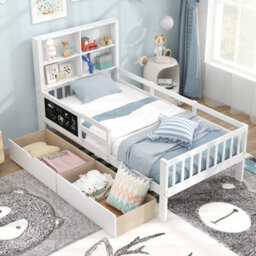 Costway Single Size Bed Frame W/ 2 Storage Drawers Wooden Slats Support Bed For Kids White - thumbnail 6