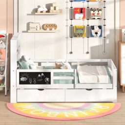 Costway Single Size Bed Frame W/ 2 Storage Drawers Wooden Slats Support Bed For Kids White - thumbnail 5