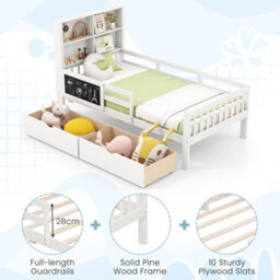Costway Single Size Bed Frame W/ 2 Storage Drawers Wooden Slats Support Bed For Kids White - thumbnail 7
