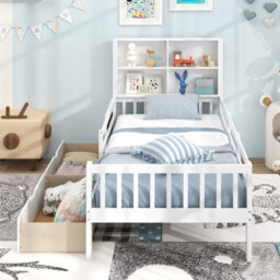 Costway Single Size Bed Frame W/ 2 Storage Drawers Wooden Slats Support Bed For Kids White - thumbnail 4