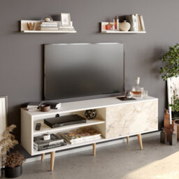 Decorotika Pi Tv Stand Tv Unit For Tvs Up To 63 Inch White Marble Effect And White