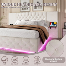 Btm 150X200Cm Bed Frame, Wide Headboard, Led, Usb-C, Hydraulic Storage, Shelves, Beige - thumbnail 6