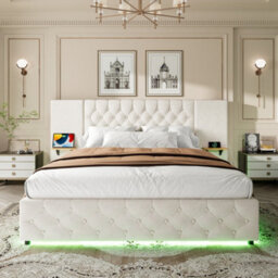 Btm 150X200Cm Bed Frame, Wide Headboard, Led, Usb-C, Hydraulic Storage, Shelves, Beige - thumbnail 4