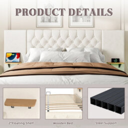 Btm 150X200Cm Bed Frame, Wide Headboard, Led, Usb-C, Hydraulic Storage, Shelves, Beige - thumbnail 8