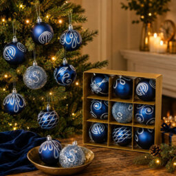 9 Piece Midnight Blue Christmas Tree Baubles Mixed Finish Decorations - thumbnail 3