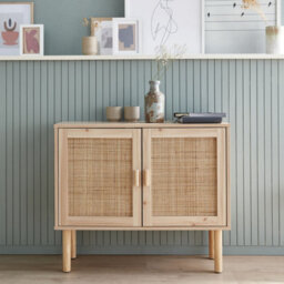 Sweeek - 80Cm Cabinet With Wood And Rattan Decor With 2 Doors Natural 80X30X68 Cm - Camargue