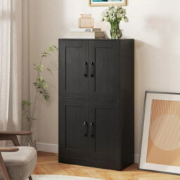 Tall Kitchen Cupboard Black 4-Door Storage Cabinet Adjustable Shelves - thumbnail 6