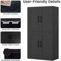 Tall Kitchen Cupboard Black 4-Door Storage Cabinet Adjustable Shelves - thumbnail 5