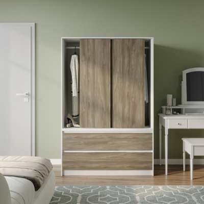 Urbn-Living Urbnliving 180Cm Height White Carcass 3 Sliding Oak Door With 4 Oak Drawer Wardrobe Clothes Storage Hanging Rail Bedroom - image 1