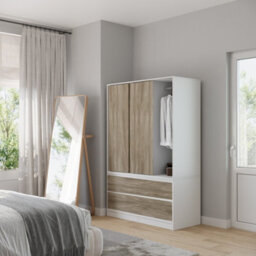 Urbn-Living Urbnliving 180Cm Height White Carcass 3 Sliding Oak Door With 4 Oak Drawer Wardrobe Clothes Storage Hanging Rail Bedroom - thumbnail 4