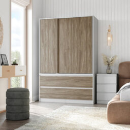 Urbn-Living Urbnliving 180Cm Height White Carcass 3 Sliding Oak Door With 4 Oak Drawer Wardrobe Clothes Storage Hanging Rail Bedroom - thumbnail 2