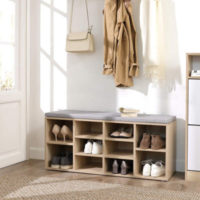 LEDREM Shoe Bench With Cushion, 10-Compartment Storage Bench With Padded Seat, Adjustable Shelves, For Bedroom, Oak Colour - image 1