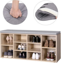 LEDREM Shoe Bench With Cushion, 10-Compartment Storage Bench With Padded Seat, Adjustable Shelves, For Bedroom, Oak Colour - thumbnail 5