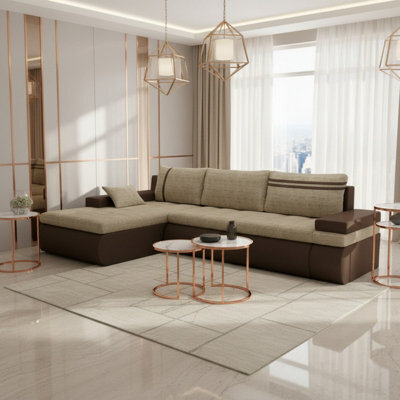 Oslo Convertible Living Room Corner Sofa Bed With Storage Hr Foam Wave Springs Chipboard 300X182X90Cm Beige And Brown Left - image 1