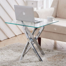 Living And Home Square Tempered Glass Top Coffee Table End Bedside Table With Chrome Legs