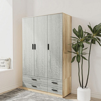 Urbn-Living Urbnliving 180Cm Height Ash Grey 3 Door 4 Drawer Wardrobe Storage Shelf Modern Bedroom Oak Furniture - image 1