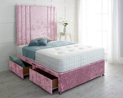 "Adore Designs Rio Crushed Velvet Divan Bed, With Pocket Mattress & 36"" Headboard - 4Ft Small Double - Pink - 0 Drawers"