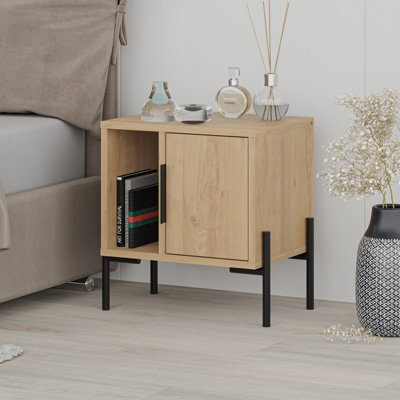 Decortie Glynn Modern Bedside Table Nightstand 48Cm Black Metal T Legs 1-Door Oak Bedroom - image 1