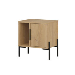 Decortie Glynn Modern Bedside Table Nightstand 48Cm Black Metal T Legs 1-Door Oak Bedroom - thumbnail 2