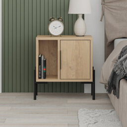 Decortie Glynn Modern Bedside Table Nightstand 48Cm Black Metal T Legs 1-Door Oak Bedroom - thumbnail 3