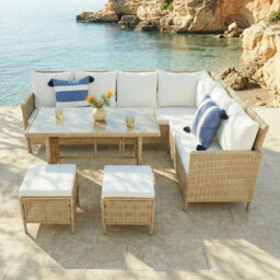 Thalia Rattan Garden Corner 8 Seater Outdoor Dining Set With Glass Table. Natural Premium Rattan With Weatherproof Cushions - thumbnail 6